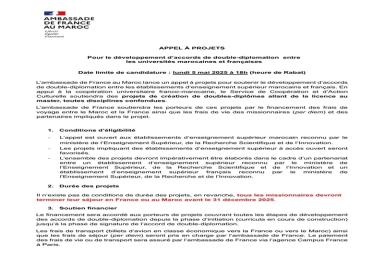 AAP soutien développement accords double-diplomation – Date limite : 5 mai 2025