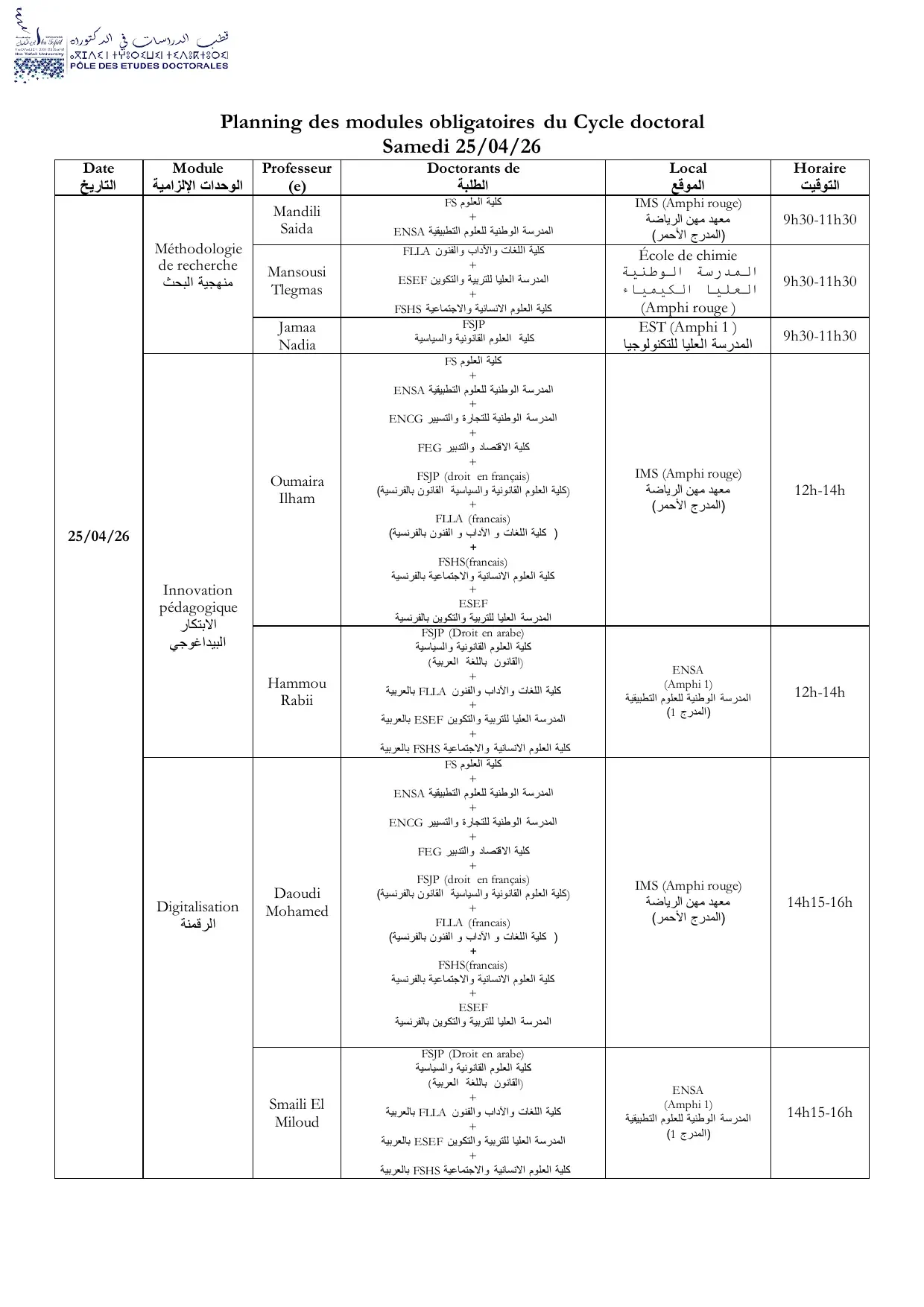 planning 25 avril